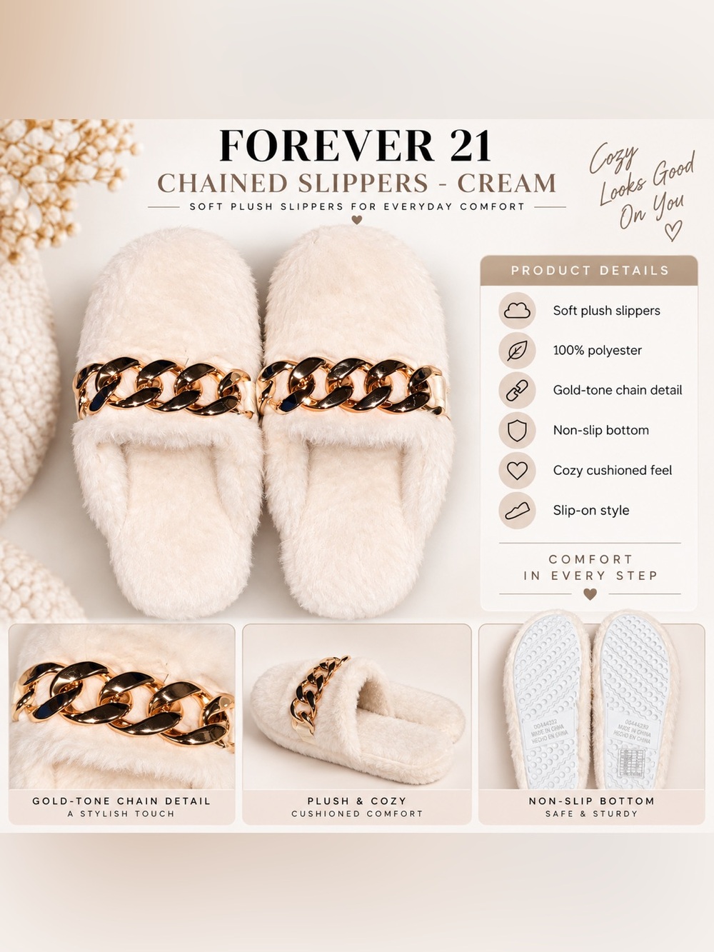 FOREVER 21 CHAINED LINKED SLIPPERS - CREAM SIZE LARGE 9/10 (NEW WITH TAGS) B9